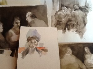 aqurelles avec autoportrait