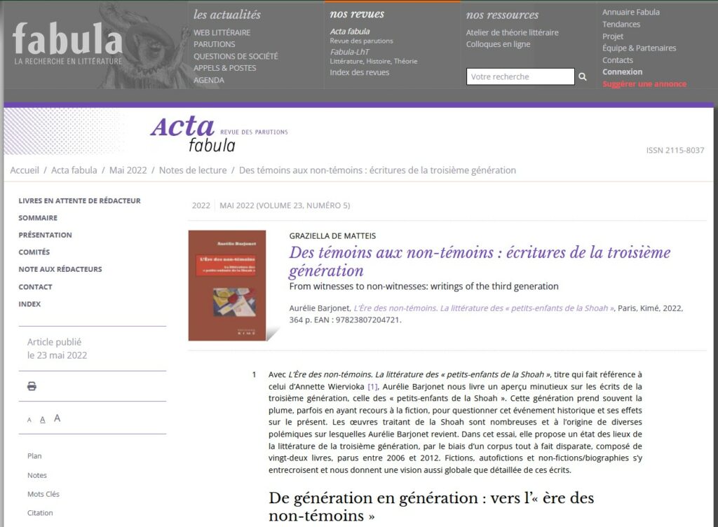 GRAZIELLA DE MATTEIS, Des témoins aux non‑témoins écritures de la troisième génération (Acta fabula)