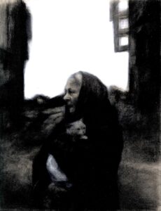 À la maison, pierre noire et craie blanche sur papier, 24/32 cm