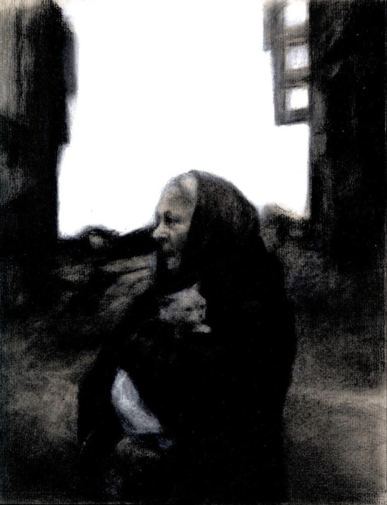 À la maison, pierre noire et craie blanche sur papier, 24/32 cm